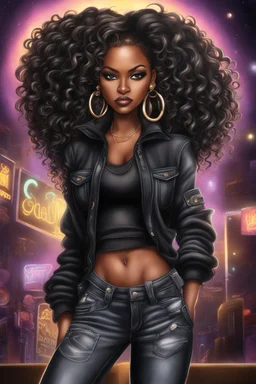 Create a digital airbrush cartoon of an African American female wearing a black jean outfit with timberland boots. Prominent make up with hazel eyes. She is wearing large diamond hoop earrings. Extremely highly detailed very long curly hair that shines. Background of a night club.