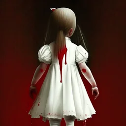 A girl's doll wearing a white dress with red blood bleeding from the back