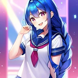 girl, masterpiece, best quality, volumetric lighting, detailed outfit, perfect eyes, long hair, blue hair, pink eyes, braided ponytail, school outfit, laughing,