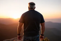 a brawny man with grey hair views sunset from a cliff