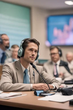 A simultaneous interpreter is sitting at a table with headphones with a microphone at a foreign briefing, the background is blurred, everything is in pastel colors,