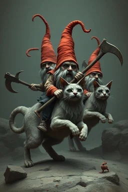gnomes riding cats with hatchets in the style of Giger and Mozart