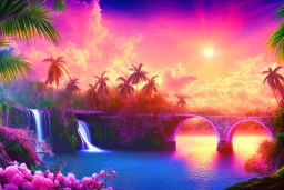 island waterfall palms twigs spring sunset pink flower bridge buterflies