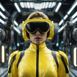 a woman in a yellow bodysuit and goggles, from a 2 0 1 9 sci fi 8 k movie, design milk, symmetrical. sci - fi, anamorphic, by Ryan Barger, daft punk