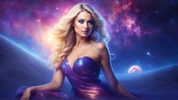 Full body portrait of a peaceful smiling gorgeous blonde Goddess of the galaxies with a blue indigo purple skin, high skul, luminous eyes in a galactic sunset