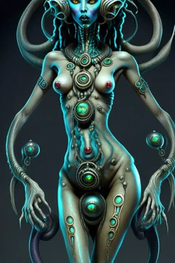 gorgeous female humanoid alien full body model, suggestive pose, tentacles, orichalcum jewelry and piercings