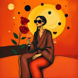 create an abstract surreal gouache painting inspired by Joan Miró, with symbolic shapes suggesting a woman in a robe with braided hair and sunglasses, sitting near a red rose, holding a glass of wine, abstract floating forms and playful cosmic shapes in a golden-red sunset palette --ar 16:9 --v 7 --style 4b --q 2