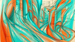 sketch lines, Perspectivism painting evoking a metaphorical, psychedelic landscape of disjointed forms, warped geometries, and a subversion of traditional perspective, mutted teal and terracota color scheme, pencil drawing