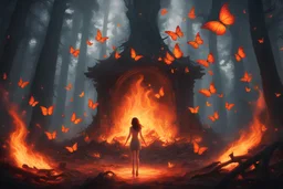 image HD realiste. nuée de papillons enflammés volant dans une forêt sombre. des flammes commencent à embraser la foret. Une creature feminine en feu se dessine dans le brasier au centre de l'image.
