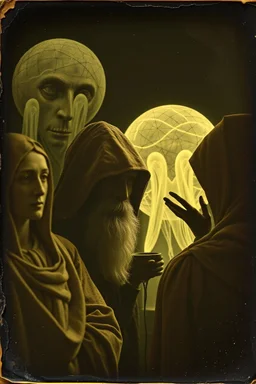 Daguerrotype close up some mysterious figures, odd background, Hieronymus Bosch Max Ernst ambient light, by Minicavio Quollati and Marlost Endgulp, Amano, Botticelli, Alphonse Mucha