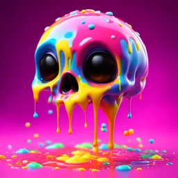 ((gooey melting skull)), pixar animation style, fluid form, dripping bubblegum pink, adorable and cute, photorealistic cg, 3D concept art, vibrant colours, playful, natural lighting, neon lamp, wonky eyes, detailed, stylised and expressive, wildly imaginative, skottie young, pop surrealism, rainbow coloured sprinkles, yellow glazed marshmallows, glowing, chocolate toppings, smooth texture, cgsociety, electric pop alchemy, recursive ray tracing, maya render, 8k