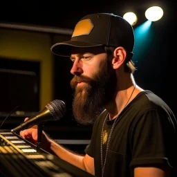 A short brown beard, DJ board,man with a baseball hat sing at microphone, on dancehall , microphones,, laser lights, FRONT VIEW