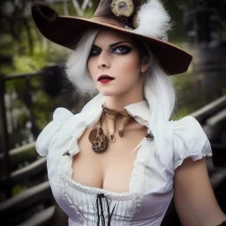 white steampunk woman sharp focus, summer ambiance