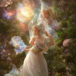 one big crystal subtle flower in a galactic ambiance with a beautiful fairy, transparent petals,