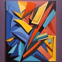 A painting consisting of abstract shapes in three different colors. Brush Strokes. Sloppy, non-realistic. 3 dimensional. Depth. three dimensional