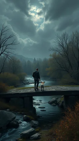 Bosch painting style nightmare , 3D , a man walking his dog on a bridge on a river stream background, high Quality picture , 8k