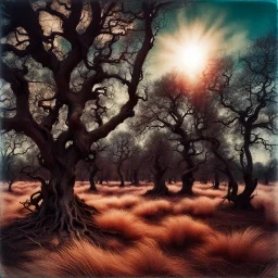 Close-up polaroid of a creepy surreal landscape, monsters, eerie, Max Ernst style, very surreal, trees, spooky, metaphysical objects, giant sun, intricate, thoughtful, appalling, deep 3d field, 8k, hypermaximalist