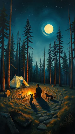 Peter Doig, neo raugh stlye painting on the canvas, Anselm Kiefer, Salvador Dalí, a young .a strange moonlit forest where dreams come true, which evokes a landscape, magicale landscape, Arthur Streeton style . A man and a woman and a dog camping setting around a fire and a small tents in the back