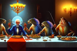 supper, fish sit at the table and eat pieces of people.