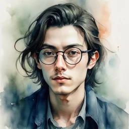 watercolour, large strokes, stylistic, portrait, illustration, dull colours, young, 20-something male, long black hair, brown eyes, has a certain aura of confidence,sharp facial features, slick angular glasses.