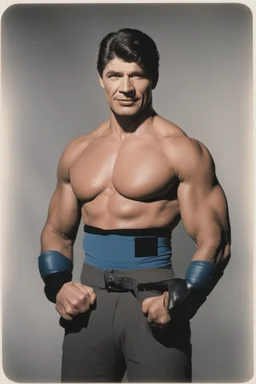 [superboy logo elegant] color photography of Charles Bronson as powerful superbly, standing up at CES 1952 [Consumer Electronics Show, Norma Jeane] ready for a arm wrestling, a lot of electronic devices