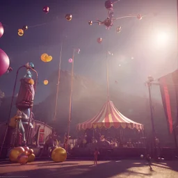 Ultra realistic circus scene. Classic acrobat woman, waist up view, Wes Anderson style, happy, bubbles, highly detailed, concept art, unreal engine 5, god rays, ray tracing, RTX, lumen lighting, ultra detail, volumetric lighting, 3d, finely drawn, high definition, high resolution.