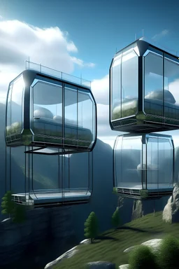 glassy Capsules rooms suspended in the air and attached to the mountain by solid bars.