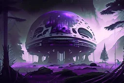 Futuristic Colony, White Building, Human Colony, Large Dome, Alien Planet, Corrupted Forest, Dense Purple Fog, Dead Soil, Black Night Sky, Stars, Space, Distant Planets