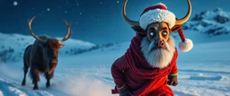 creature with eyes of hound bison reindeer yoga man with the snow flake pattern in the pupils in running in the snow in the snowy mountain with santa