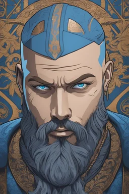 Blue color Ragnar Lothbrok in 8k cartoon artstyle, blue eyes, Bald, beard, tattoos, winter, close picture, highly detailed, high details, detailed portrait, masterpiece,ultra detailed, ultra quality