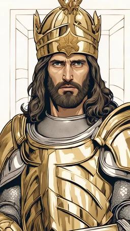 Jesus Christ is wearing a golden knight armor and has an angry expression .