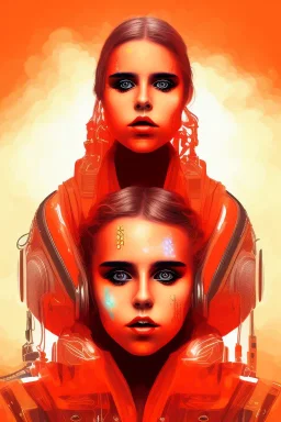 danish singer mø face, cyberpunk,orange tones,