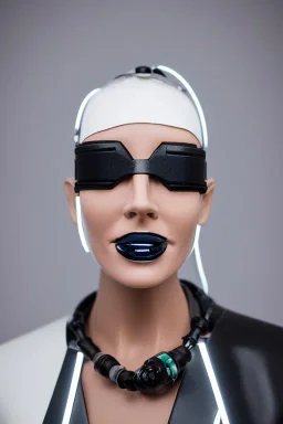 Post-apocalypse. Out. Technological singularity. Fake smile, camera-eyes, cables, selfies, 3D-tiles background, lighted shelf full of heads. Cyber-punk full-mask. Lay figure woman with plastic milky, plank skin. Repugnant behavior. Haute Couture 90's long tippet. Light right. Silver, black, Cyan. Big AKG headphones. Golden rings and discs. Thick tights, Thick calves, Curved fell, Wide hip. Nature. Sweat, tears and blood. Cow. Torso out of neck, fractal, highly symmetrical