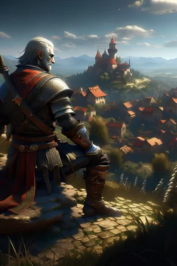 geralt of rivia with witcher armor sitting on a hill overlooking a town
