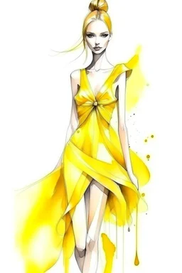 Watercolor fashion yellow short futuristic dress sketch