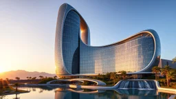 A futuristic skyscraper designed with sweeping hyperbolic curves, where the entire façade is made of reflective glass. The building rises gracefully toward the sky, with its symmetrical hyperbolic arc creating a sense of balance and elegance. Surrounding the structure are lush gardens and flowing water features that mirror the curves of the building. There are mountains in the distance. Beautiful lighting at sunrise. Award-winning photograph.