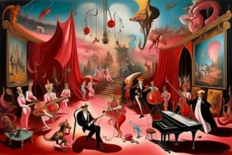 A pink magical circus with orchestra instruments painted by Salvador Dali