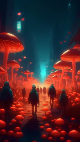 imagen onirica de personas caminando en una ciudad desolada cubierta por hongos brillantes y luminosos. Con estilo de fotorrealismo