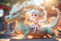 a cute anime chibi princess sitting on a wild chinese dragon and dynamically riding it in sunshine, ethereal, otherwordly, cinematic postprocessing, bokeh, dof