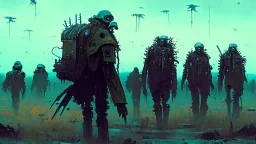 Army of the dead marching, post apocalyptic Harsh clothing, ((holographic grunge cyborg robot army)), RAW, gritty, high exposure, high contrast, analog indie horror, (science fiction painting, Simon stålenhag, Denis Sarazhin, Alex Colville, Romain Trystram, Christopher Shy, Alejandro Burdisio, Tye Martinez, ominous sky), metaphysical art, obscured, RAW, GRITTY, dread, retrospective art, dusk, low light, techno gothic, narrative art