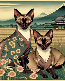 Two sister Oriental shorthair Siamese chocolate point cats" Asakusa Ricefields, Japanese Art Poster, in the style of Utagawa Hiroshige