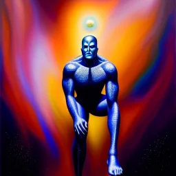 Ultra detailed fullbody Portrait in oil on canvas of The Silver Surfer , extremely detailed digital painting, extremely detailed face,crystal clear Big Glowing eyes, mystical colors ,perfectly centered image, perfect composition, rim light, beautiful lighting, 8k, stunning scene, raytracing, anatomically correct, in the style of robert e howard and Ken Kelley and Ohrai Noriyoshi and Simon Bisley and tomzj1