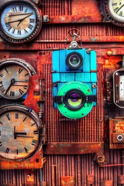 futuristic pinhole camera in Kente, rusted clocks lens, cinematic, scaffolding, cyberpunk, 8k quality