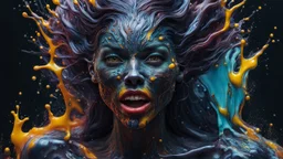 Unsplash art, a quirky liquid portrait of a hauntingly beautiful dark werewolf woman, splash style of paint, Pixar style, Halloween colors, hyper detailed intricately detailed, fantastical, intricate detail, splash screen, liquid, gooey, slime, splashy, fantasy, concept art, 8k resolution, masterpiece, melting, complex background, intricate detailed, dark colors, fantasy, concept art, digital art, intricate, oil on canvas, masterpiece, expert, insanely detailed, 4k resolution.