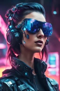 Beautiful augmented cyberpunk woman with bomber shades