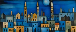 A blackish blue metropolis with chess piece buildings at night painted by Paul Klee