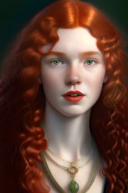 Generate a photorealistic image of a beautiful young girl with red wavy hair. The portrait should focus on her face and include a pendant on a cord. Ensure the image is in 4K resolution and showcases hyperrealism. Pay attention to fixing the hair and fingers for a flawless result. The girl should have very pale skin, a slightly nervous expression, and striking red lips