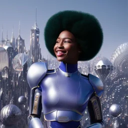 Ultra realistic photo. volumetric lighting , scientist. Young black woman, dark skin black woman. young, big smile. Joy. smiling. Afro futurism. Afro puffs. Blue hair. Ombré hair Cotton candy. Futuristic cities in background. Space. Space travel. Silver. Cities