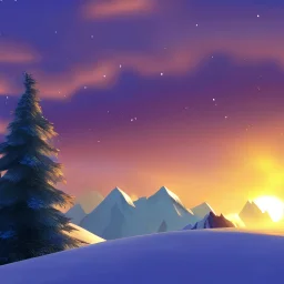 beatiful mountain,snow fox, pixar style, sunset, snow ,peace, ice