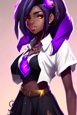 arcane animation series style, league of legends, Solo, 1girl, attractive teenager, african, dark skin, golden eyes, black hair, pair buns, forehead bangs colored in violet, necklace, earrings, modern makeup, (detailed skin texture), white oversize shirt